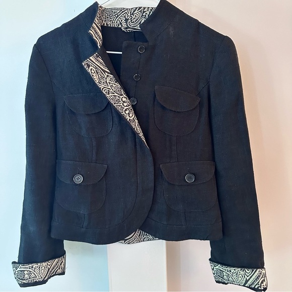 Etro Jackets & Blazers - Etro Black Linen Blend Cropped Blazer with Paisley Trim
